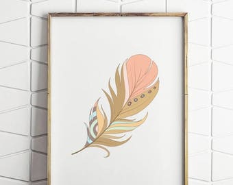 70% OFF SALE feather printable, feather wall decor, feather wall art, feather download, pink feather, pink and gold print, feather decor