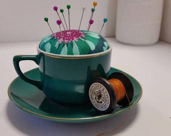 Pincushion, teacup pincushion, vintage teacup pincushion, art deco pincushion, sewing accessories, gift.