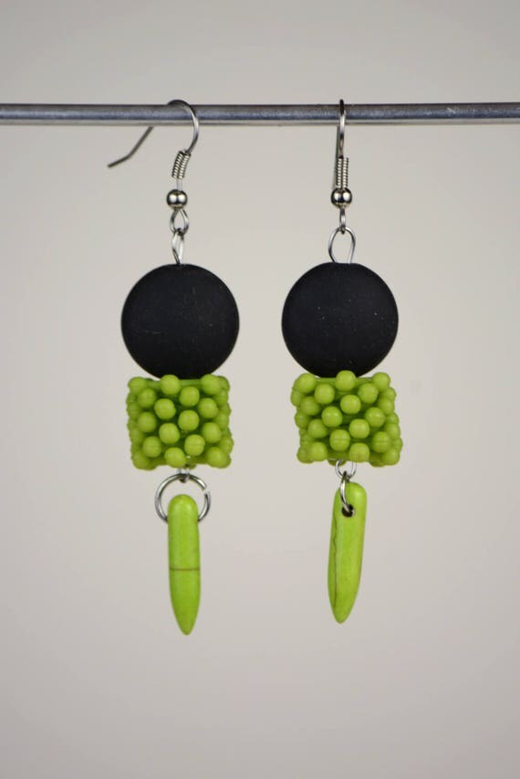 RR#101 Lime and Black Zap Drop Earrings