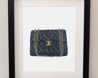 Chanel, Classic Flap Bag, Black Bag, Fashion Art, Quilted Bag, Watercolour Print, Watercolor Bag, Haute Couture Wall Art, Gift for Her