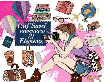 SALE40% Travel Clipart: "PLANNER SUPPLIES" Adventure Clipart,Hot Air Balloons Clipart,Planner girl,Sticker graphic,Suitcase clipart,Fashion