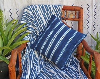 Baule Cloth, Blue and White Ikat Stripes, Throw, African Textile, Boho , 55" x 42", #259B