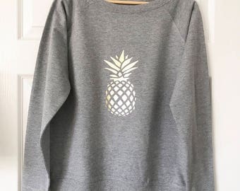 pineapple sweater, metallic pineapple, neon pineapple, slouchy sweater, summer sweater, jumper, ladies, womens, grey jumper