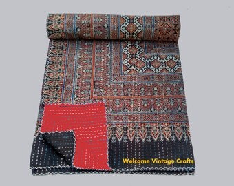 Queen Size Indigo block print Kantha Quilt Handblock kantha King Size Quilt Cotton Blanket Kantha Throw Bedcover Bedsheet blanket Quilt