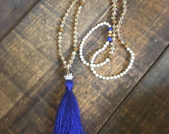 Beaded Tassel Necklace / Royal Blue & Gold