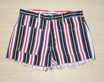 Size 4-6 vintage 70s high waist cutoff hotpant shorts blue/yellow striped denim