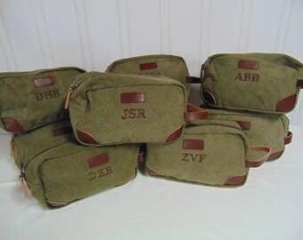 7-Groomsmen Toiletry Bags-Monogrammed Personalized Groomsmen Gifts- Canvas and Leather Dopp Kit-Tan or Olive
