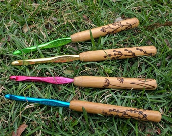 Custom bamboo crochet hook. Burned crochet hook handles. Crochet hook with bamboo handle and original burned design