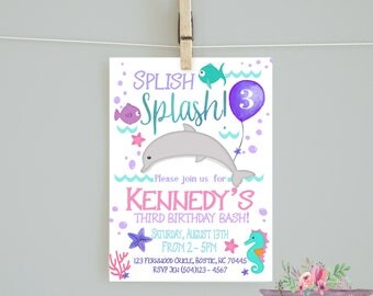 Dolphin Birthday Invitation/Girl birthday/ Dolphin Birthday/ Swim party