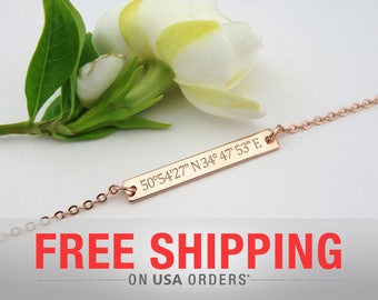 Custom Coordinates Necklace, Personalized Bar Necklace, Engraved Bar Layered Necklace, Bridesmaids Gifts, Wedding Jewelry, VicJewelry