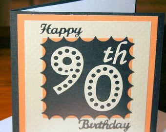 90th Birthday Card in Brown, Cumquat, Cream Pearlescent Card with Embossed layered detail, and comes with Handmade Envelope