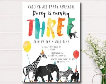 Calling All Party Animals Birthday Invitation, Zoo birthday invitation, safari animals color, printable invitation, wild young and three