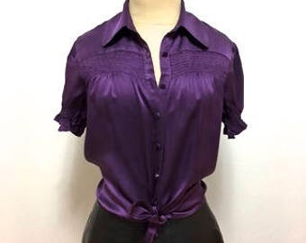 Deep purple, satin short puff sleeves , smocking blouse.