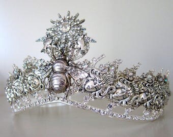 Gothic medusa wedding tiara - silver plated bridal crown crystals rhinestones charms bee witch princess queen - pageant hair accessories