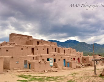Taos Pueblo, photography, color, New Mexico, sky, desert, mountains, storm, Native American, adobe