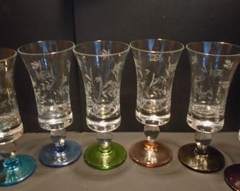 Set of 6 x Multi Coloured Liqueur Glasses, Barware, 1950s Drinking Glasses, Collector, Parties, Vintage Glassware.