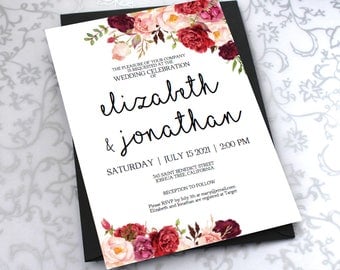 Printable Wedding Invitation Template. Burgundy Floral Watercolor Wedding Invite. DIY Wedding Invitation.PDF Instant Download VRD137AHK