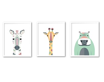 Safari wall art set of 3, Girl animal printable set, Nursery print set of 3 safari animal INSTANT DOWNLOAD Africa animal Zebra Giraffe Hippo