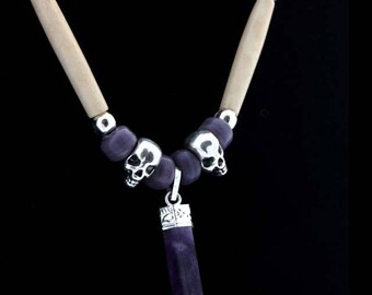 Handmade amethyst crystal choker native American style bone hair pipe choker, purple crystal skull necklace tribal indian necklace