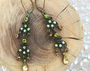 Brass Filigree & Green Rhinestone Chandelier Earrings
