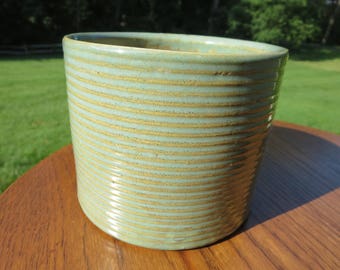 Vintage Zanesville Stoneware Company Stoneage Modern Architectural Pottery Ribbed Crock Planter #4004 Blue Green Glaze Homespun