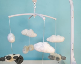 Mobile hanging little sheep and clouds in crochet