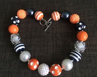 Baby/Toddler/Child Chunky Bubblegum Bead Necklace, Navy and Orange, Chicago Bears, University of Illinois