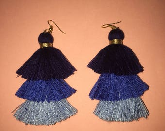 Blue tiered tassel earrings