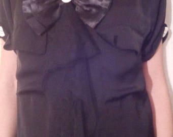 Black satin and silk short sleeve blouse