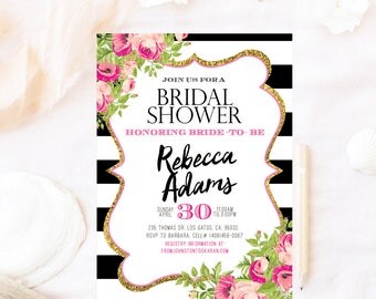 Bridal shower invitation, Kate pink black , Spade bridal shower invitation, Floral elegant kate invitation, kate spade bridal shower invite