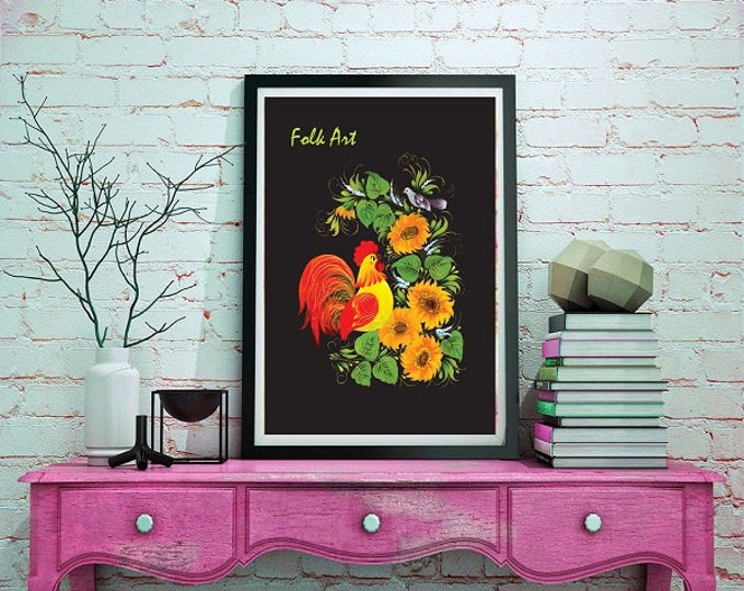 Printable gifts. Home decor Wall Art Digital Print Folk Art Rooster in the sunflowers Cock of prosperity and wealth