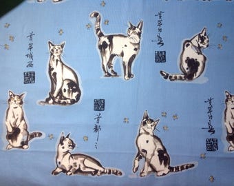 Haiku Cat / 100% Cotton Fabric /Alexander Henry / Light Blue Background / White Cats / Black Japanese Letters / Sold by the 1/2 Yard
