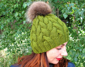 Cable knit hat, Fur pompon cable hat, Knit gift for woman, Girlfriend gift hat, Green handknit hat, knit hat with braids, braided knit hat
