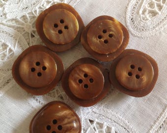 Set of six vintage buttons, 28mm, brown glass