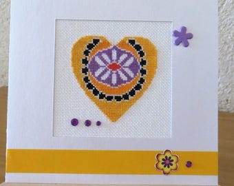 Hand embroidered card: stylized yellow heart