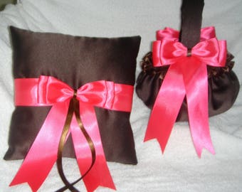 Brand new handmade chocolate brown & hot pink flower girl basket ring bearer pillow - custom colors