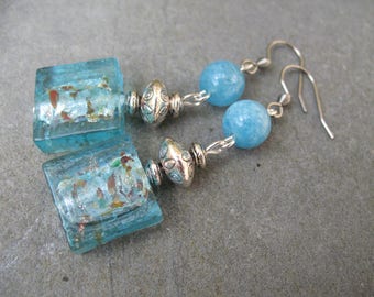 Earrings blue turquoise, Aquamarine and glass beads