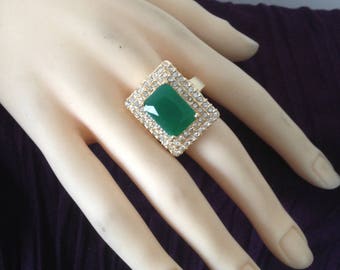 Gold plated ring rectangular stone & rhinestones size 56