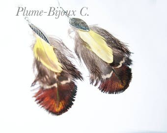 Rare "Hylior" Peacock feather earrings, Parakeet, leaf