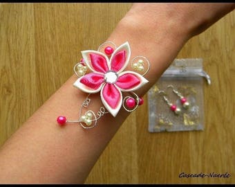 Bridal flower JULINE fuschia silver Ivory Pearl bridal bracelet