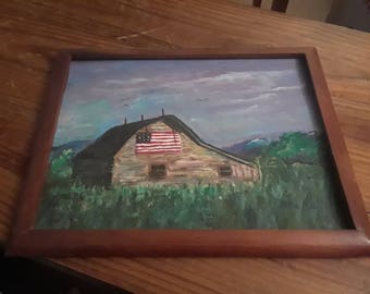 Painting of a Barn with an American Flag
