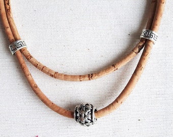 Necklace in Cork, two rows of different sizes