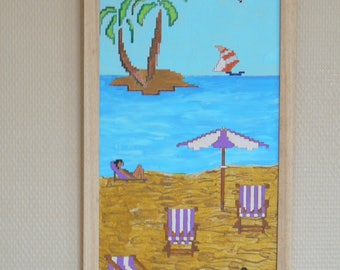 Table Art Naif:style cross stitch: the beach