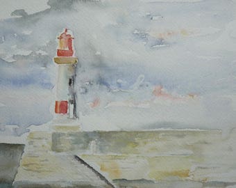 Original watercolor painting of the lighthouse at the entrance to port Croix Island