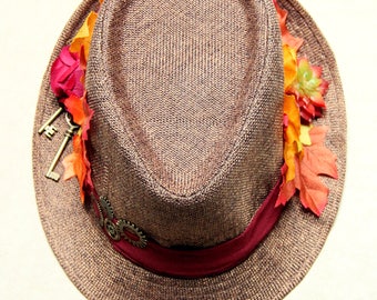 Autumn leaf hat, red rose hat, leaf hat, brass key hat, gears hat, brown red velvet hat, mothers day, Halloween hat, bridesmaid hat