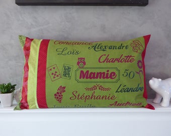 Pillow personalized with names, words to your liking and fabrics to choose