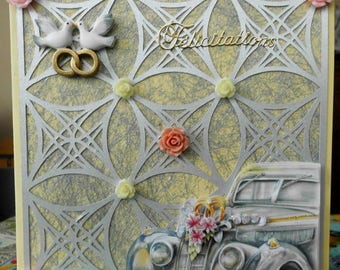 3D old car with rings on silver cutout card