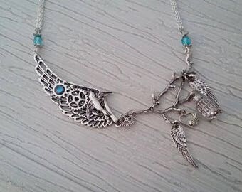 Steampunk wing and bird pendant necklace