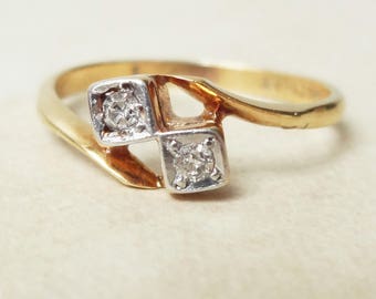 Antique Twin Diamond Geometric Ring, Diamond 18k Gold and Platinum Engagement Ring Approx Size US 6.5