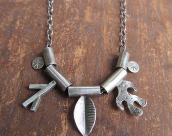 Short Silver Charm Necklace Silver Botanical Leaf Charm Necklace Funky Stamped Silver Jewelry Delicate Chain Necklace